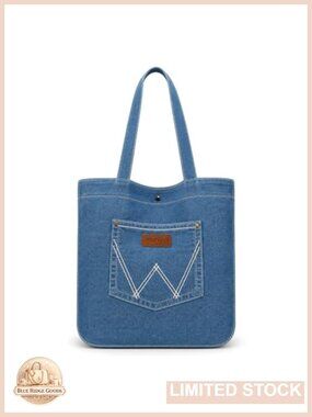 Denim Tote Bag Wrangler W Stitch Pocket Washable Everyday Purse